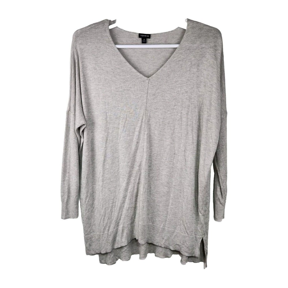 Torrid Sweater Women 2 Gray V-Neck Oversized Side Slit Wool Blend Pullover
